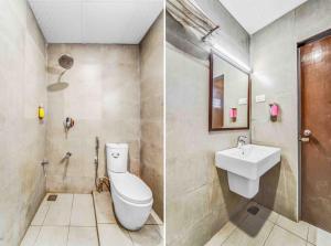 two pictures of a bathroom with a toilet and a sink at Rohaan Inn - UPAR Hotels Ashok Nagar in Chennai