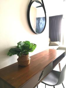 une table avec une plante et un miroir dans l'établissement NiDaHomeStay Nilai USIM KLIA WiFi androidtv full aircond, à Nilai