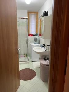 キエーザ・イン・ヴァルマレンコにあるAPPARTAMENTO PRIMOLO - CHIESA IN VALMALENCOのバスルーム(シャワー、洗面台、トイレ付)