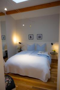 a bedroom with a large white bed with blue pillows at Santa Ana in Westermarkelsdorf