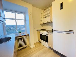 uma cozinha com um lavatório e uma janela em aday - Modern 1 Bedroom Charming Central Apartment with Public Parking em Aalborg