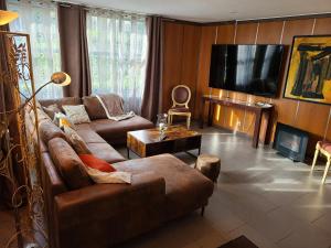 ein Wohnzimmer mit einem Sofa und einem TV in der Unterkunft L'Etable Gourmande in Plaine-de-Walsch