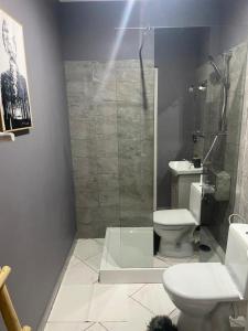 y baño con ducha, aseo y lavamanos. en Lux apartament Chodzież, ul Zwycięstwa 13, en Chodzież