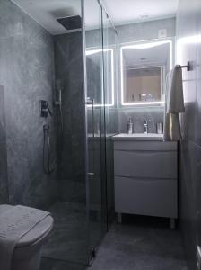 a bathroom with a shower and a sink and a toilet at Chorni vivtsi in Chernivtsi