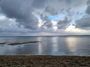 une plage avec un ciel nuageux et l'eau dans l'établissement Les Chalets du Golf de Biscarrosse, à Biscarrosse