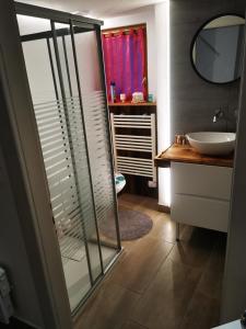 a bathroom with a sink and a glass shower door at Joli appartement au cœur du village in Orsières