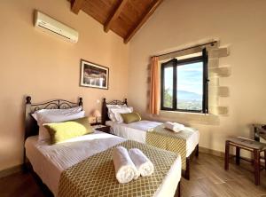 a bedroom with two beds and a window at Villa Afrati Sea Views Pool AC in Plaka