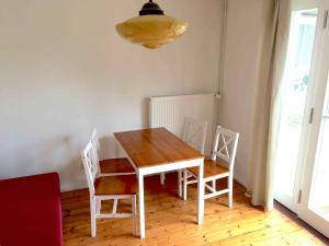 a dining room table with four chairs and a light fixture at Gartenhaus mit Sauna am Buckowsee, Märkische Schweiz in Buckow