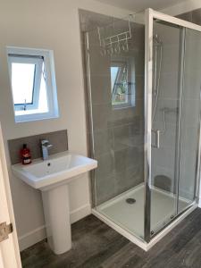 a bathroom with a shower and a sink at Newbus Grange Lodge The Cottage in Darlington