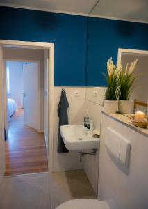 a bathroom with a sink and a blue wall at Vento in Westermarkelsdorf