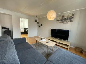 ein Wohnzimmer mit einem blauen Sofa und einem Tisch in der Unterkunft Stavanger Bnb nicolas 10 Terrace 2bed Rooms in Stavanger