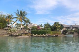 a body of water with houses and palm trees at Kailani in Calodyne