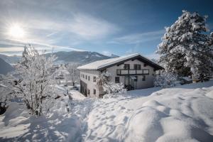 a house covered in snow with trees and mountains at Appartementhaus Winter in Radstadt