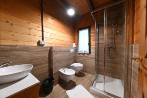uma casa de banho com um WC, um lavatório e um chuveiro em Il Ciocco Hotels em Barga