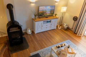 ein Wohnzimmer mit einem TV und einem Holzofen in der Unterkunft Ora in Westermarkelsdorf