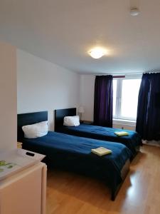 布倫瑞克的住宿－Löwen Unterkunft Braunschweig，一间卧室配有一张带蓝色床单的床和一扇窗户。
