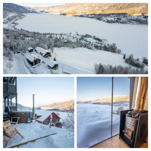 un collage di tre immagini con neve e televisore di Stamp and sauna! Small farm with fantastic view! a Favang