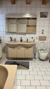 a bathroom with a sink and a toilet at Monteurzimmer Ringingen in Erbach