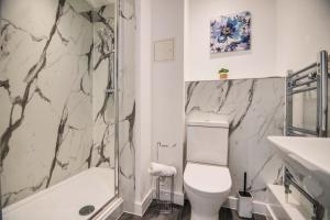 a bathroom with a toilet and a shower and a sink at Apartment 2 - The Crescent in York
