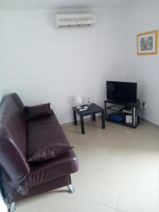 a living room with a leather couch and a tv at Apartments Višnja in Pag