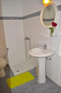 une salle de bain avec un lavabo, une douche et des toilettes dans l'établissement Studio Apartments with large swimming pool and Sea view at Pelekas Beach Corfu, à Pelekas