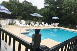 a swimming pool with chairs and umbrellas on a balcony at Baymont by Wyndham Lake Park Valdosta I75 in Lake Park