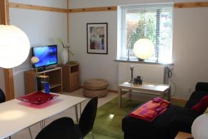 a living room with a couch and a tv at Den Japanske Have B & B in Herning