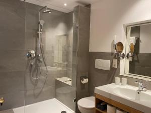 ein Bad mit einer Dusche, einem WC und einem Waschbecken in der Unterkunft Sonnhof Apartments Tegernsee - zentral und perfekt für Urlaub & Arbeit in Bad Wiessee