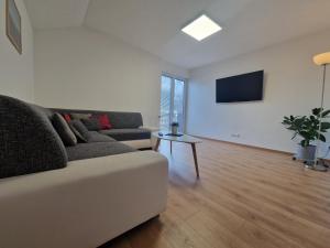 a living room with a couch and a tv at Pension Bergfried in Hallstatt