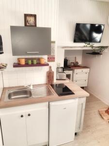 eine Küche mit weißen Schränken und einem Waschbecken in der Unterkunft le Crusoé à l'étang d'Anty - appartement in Saint-Nabord