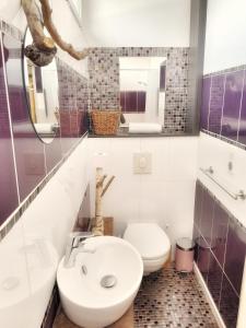 La salle de bains est pourvue de toilettes blanches et d'un lavabo. dans l'établissement le Crusoé à l'étang d'Anty - appartement, à Saint-Nabord
