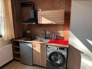 uma cozinha com uma máquina de lavar roupa e um lavatório em Apartment N5 Old Tbilisi em Tbilisi