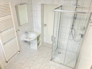 a bathroom with a shower and a sink at Ferienwohnung-Relax-Schleesen 