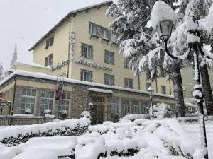 ein schneebedecktes Gebäude mit Straßenbeleuchtung und Bäumen in der Unterkunft Hotel Montepizzo in Lizzano in Belvedere