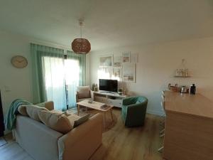 salon z kanapą i telewizorem w obiekcie Le Petit Eden des Dunes w mieście Seignosse