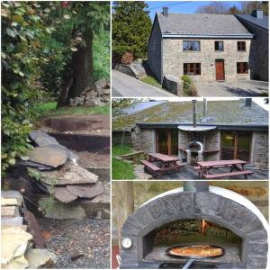 a collage of four pictures of a pizza oven at La Campanelle te Odeigne Ardense vakantiewoning in Manhay