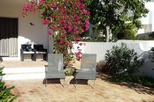 ルースにあるBuganvilia Praia da Luzのピンクの花が咲く中庭に椅子2脚