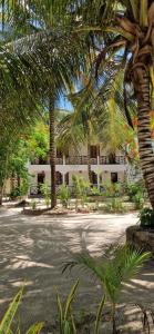 a building with palm trees in front of a street at Mpole Bungalows in Michamvi