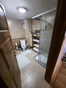 a bathroom with a glass shower and a toilet at Tarabya Family Suit Acibadem Hospital in Istanbul