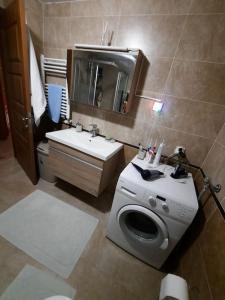 a bathroom with a washing machine and a sink at Tarabya Family Suit Acibadem Hospital in Istanbul