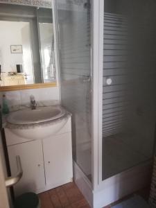 a bathroom with a sink and a glass shower at MARINES DU ROUSSILLON 78 - EN RESIDENCE AVEC PISCINE PROCHE PLAGE in Saint-Cyprien