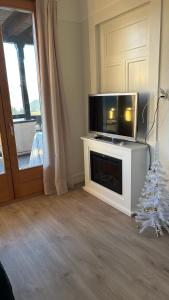 een woonkamer met een televisie en een kerstboom bij Appartement lumineux au centre du village in Leysin