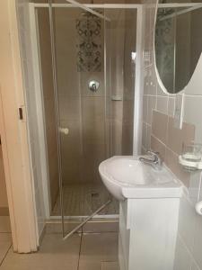 a bathroom with a shower and a sink at Cabin 101 Guest Lodge in Kasane