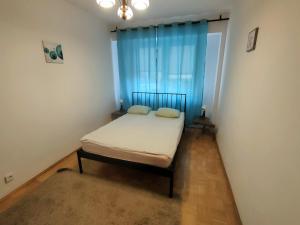 ワルシャワにあるGreen Kabaty Apartmentの小さなベッドルーム(ベッド1台、青い窓付)