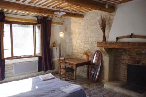 a bedroom with a bed and a desk and a fireplace at Mas Le Petit Nizon in Saint-Laurent-des-Arbres