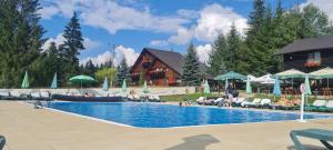 a large swimming pool with chairs and a building at Domeniul CRIS Vatra Dornei in Vatra Dornei