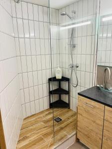 uma casa de banho com um chuveiro e um lavatório. em Douceur du sud em Vitrolles