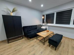 a living room with a black couch and a table at Apartament w Centrum in Jastrzębie Zdrój