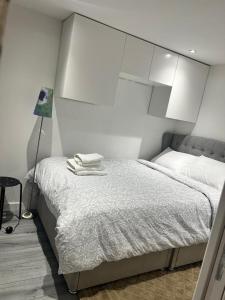 1 dormitorio con 1 cama con armarios blancos y lámpara en AYOS, en Dublín