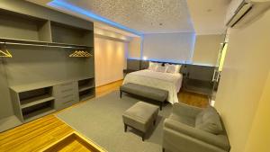 een slaapkamer met een bed, een bank en een stoel bij Hd Park Hotel in Assis